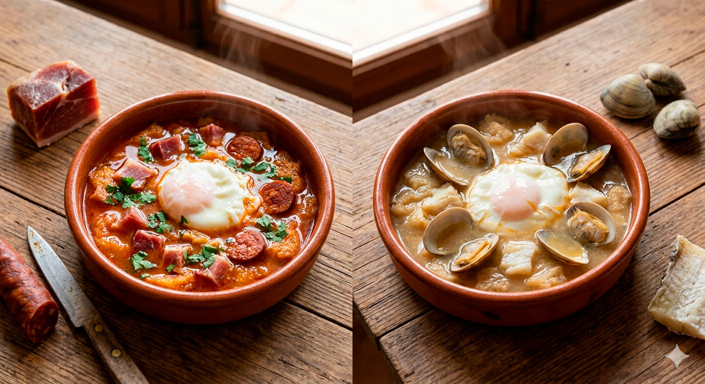 Different traditional variations of garlic soup: versions with cured meats and seafood