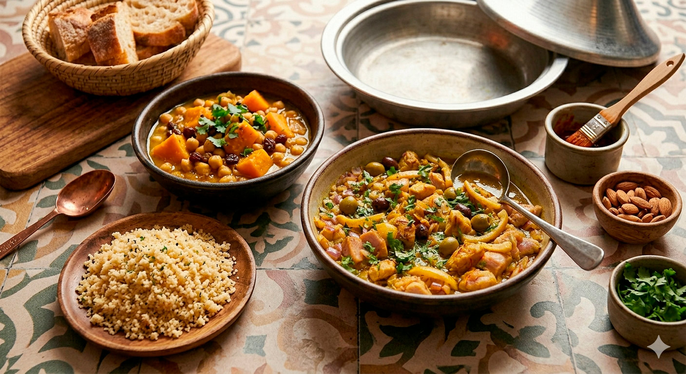 Tajine de pollo con aceitunas y limón encurtido listo para servir con cuscús y pan