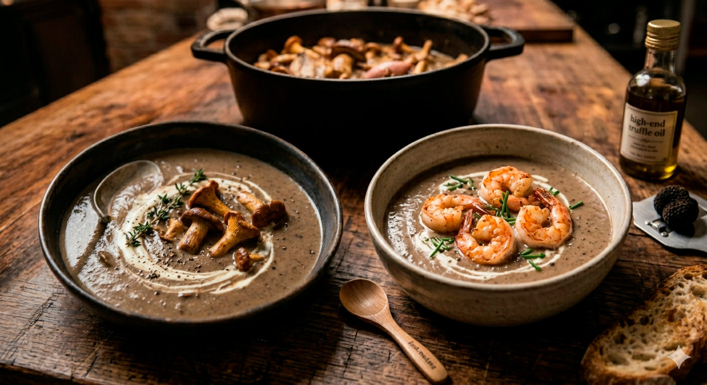 Diferentes variaciones y versiones de la crema de champiñones silvestres al tomillo: vegana, con trufa y con mariscos