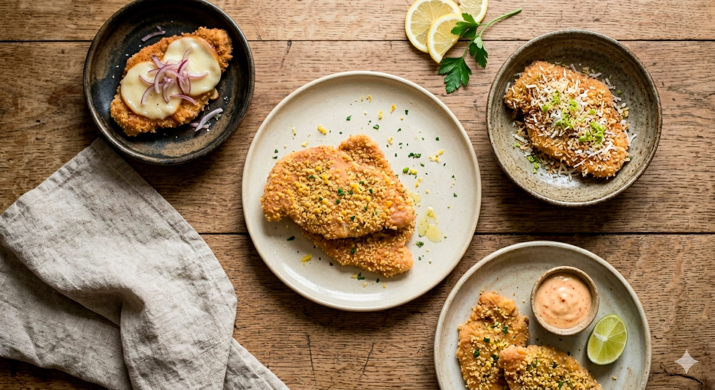Diferentes variaciones y versiones de las milanesas de pollo con limón y perejil