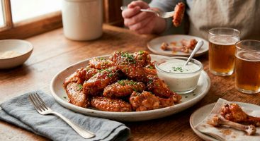 An appetizing overhead shot of a white ceramic platter filled with Sriracha-honey glazed chicken wings, sprinkled with sesame and chives. The platter sits on a rustic wooden table, flanked by a small bowl of ranch dipping sauce and two cold beers with foam. Natural sunlight illuminates the scene.