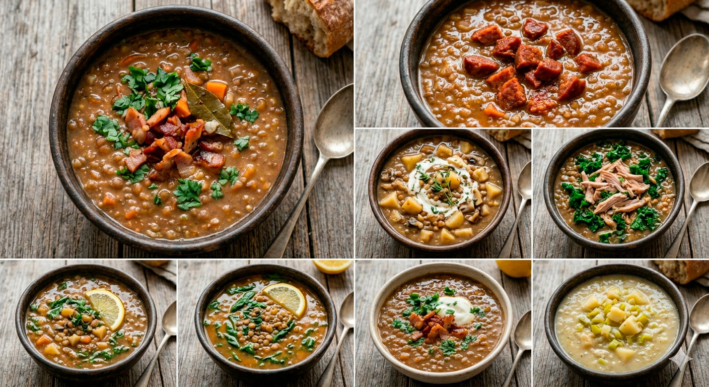 Diferentes variaciones rústicas de sopa de lentejas casera con distintos ingredientes