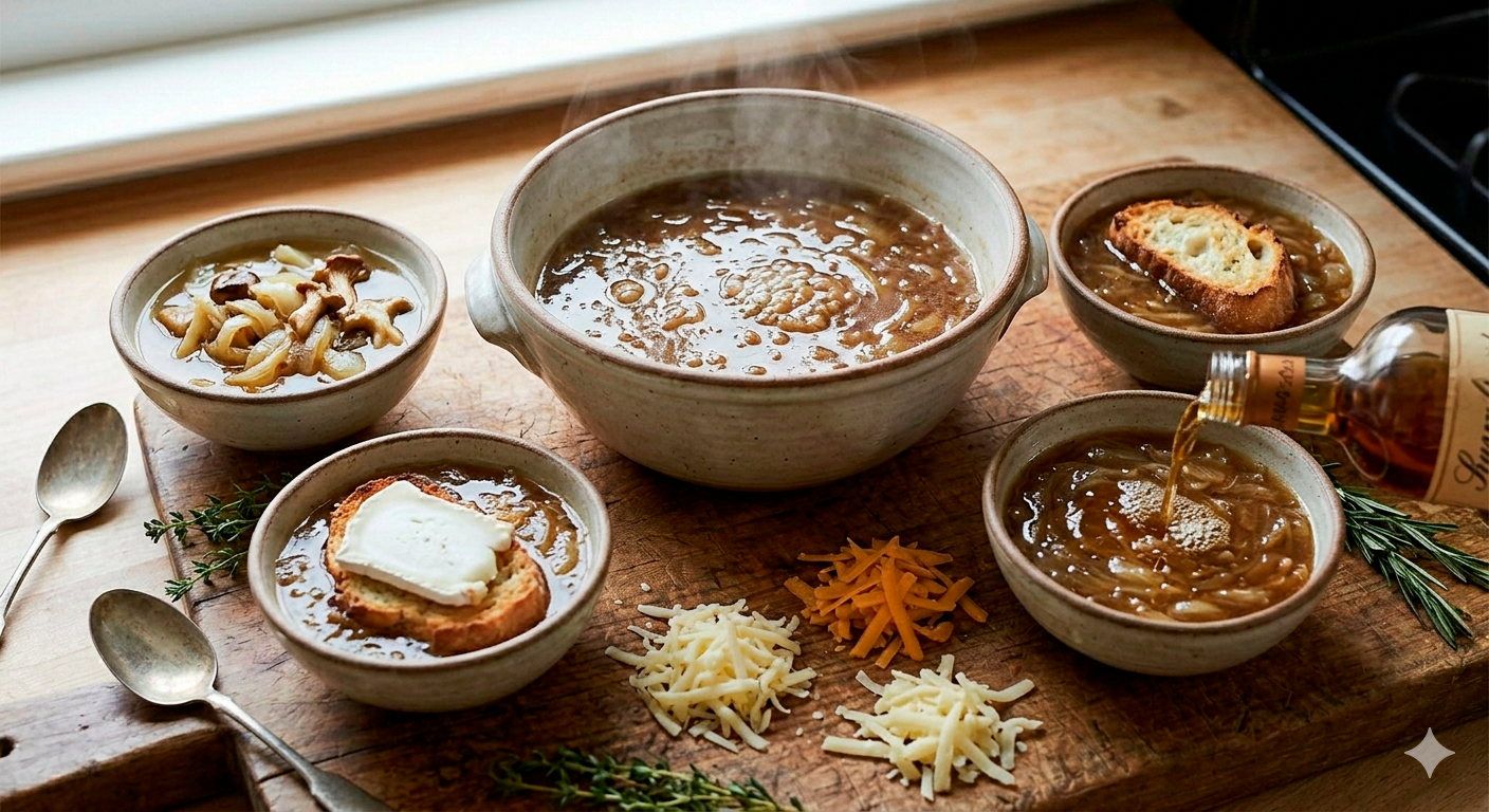 Diferentes variaciones e ingredientes alternativos para sopa de cebolla francesa irresistible