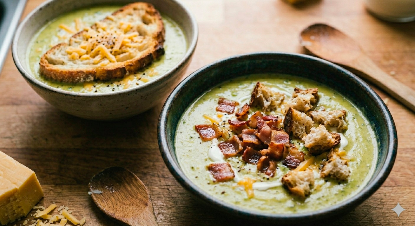 Diferentes variaciones de la crema de brócoli y queso cheddar irresistible: con tocino, crutones y versión ligera