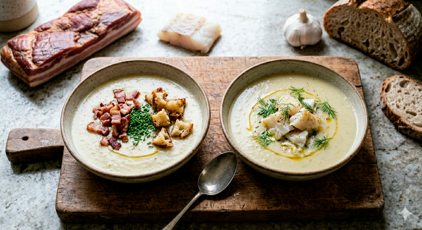 Diferentes variaciones de la crema de papa con puerro: con tocino crujiente y con bacalao