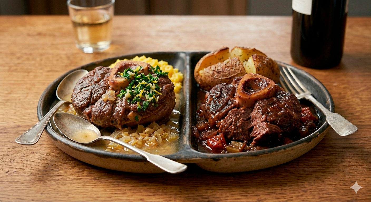 Diferentes variaciones y versiones del ossobuco al vino tinto con gremolata
