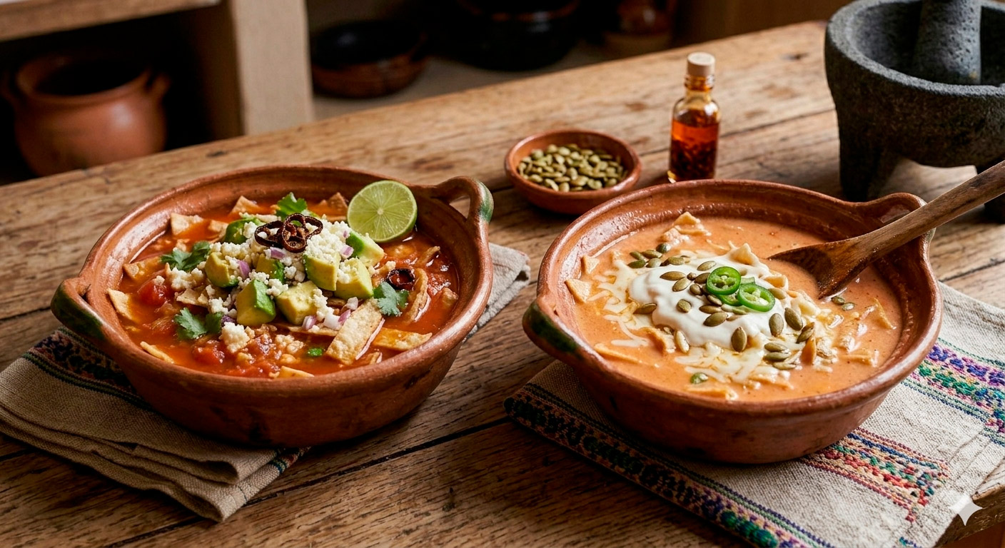 Diferentes variaciones de la sopa de tortilla tradicional: versión vegetariana, con proteína y versión ligera