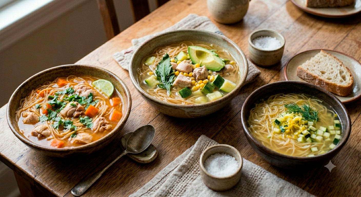 Diferentes variaciones y versiones de sopa de fideos fina en caldo de pollo