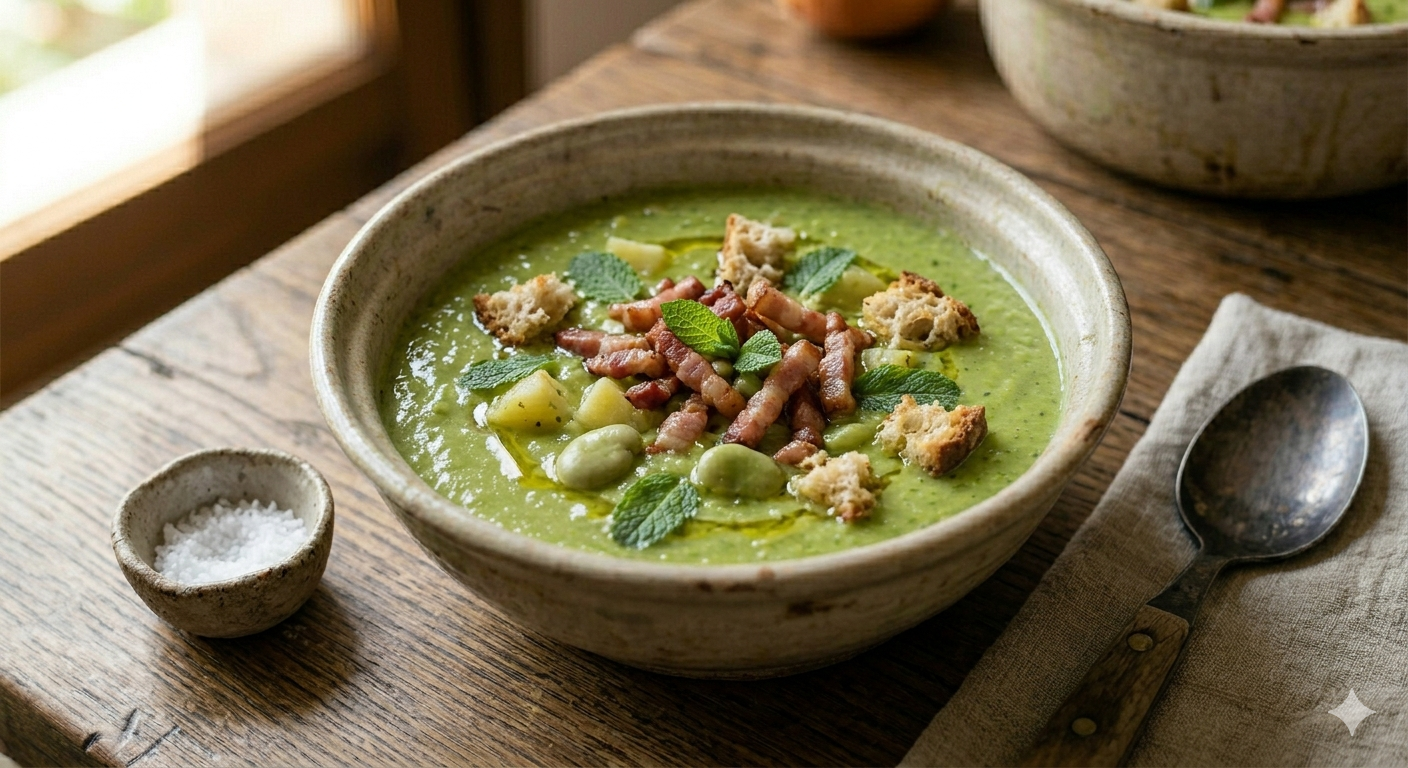 Variante de sopa de habas tiernas con menta con crujiente de beicon y crotones de pan