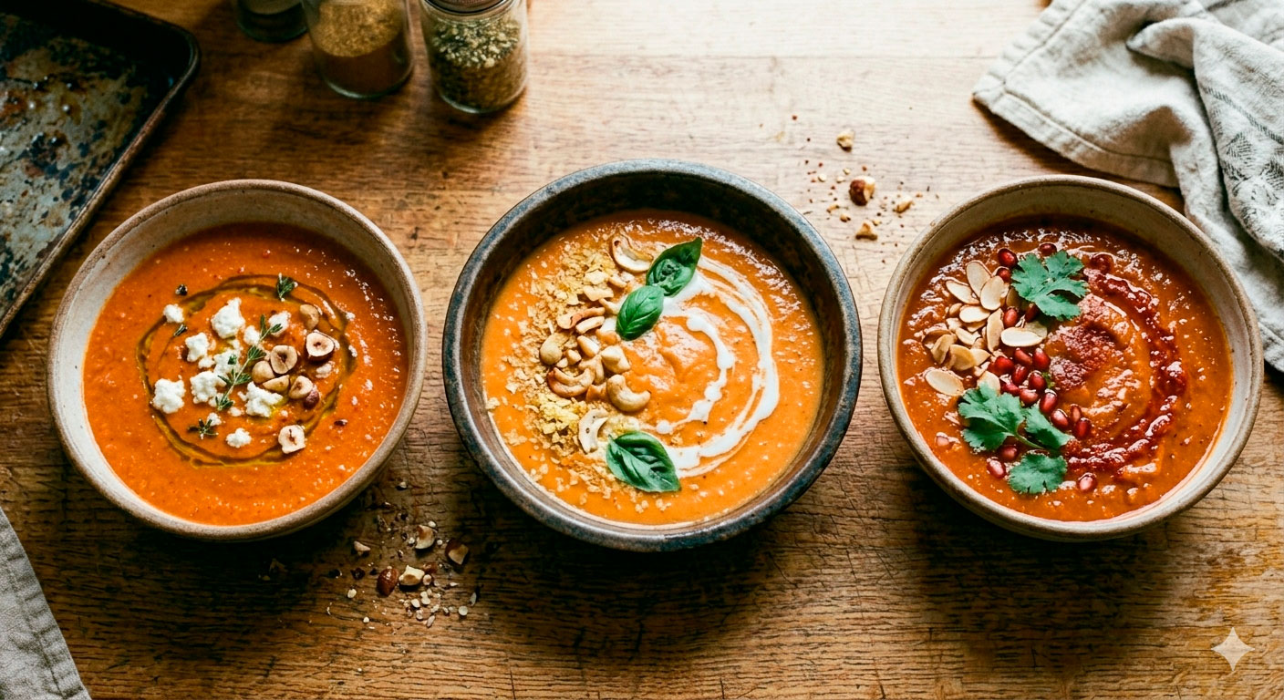Diferentes variaciones y versiones de crema de pimiento asado y queso de cabra