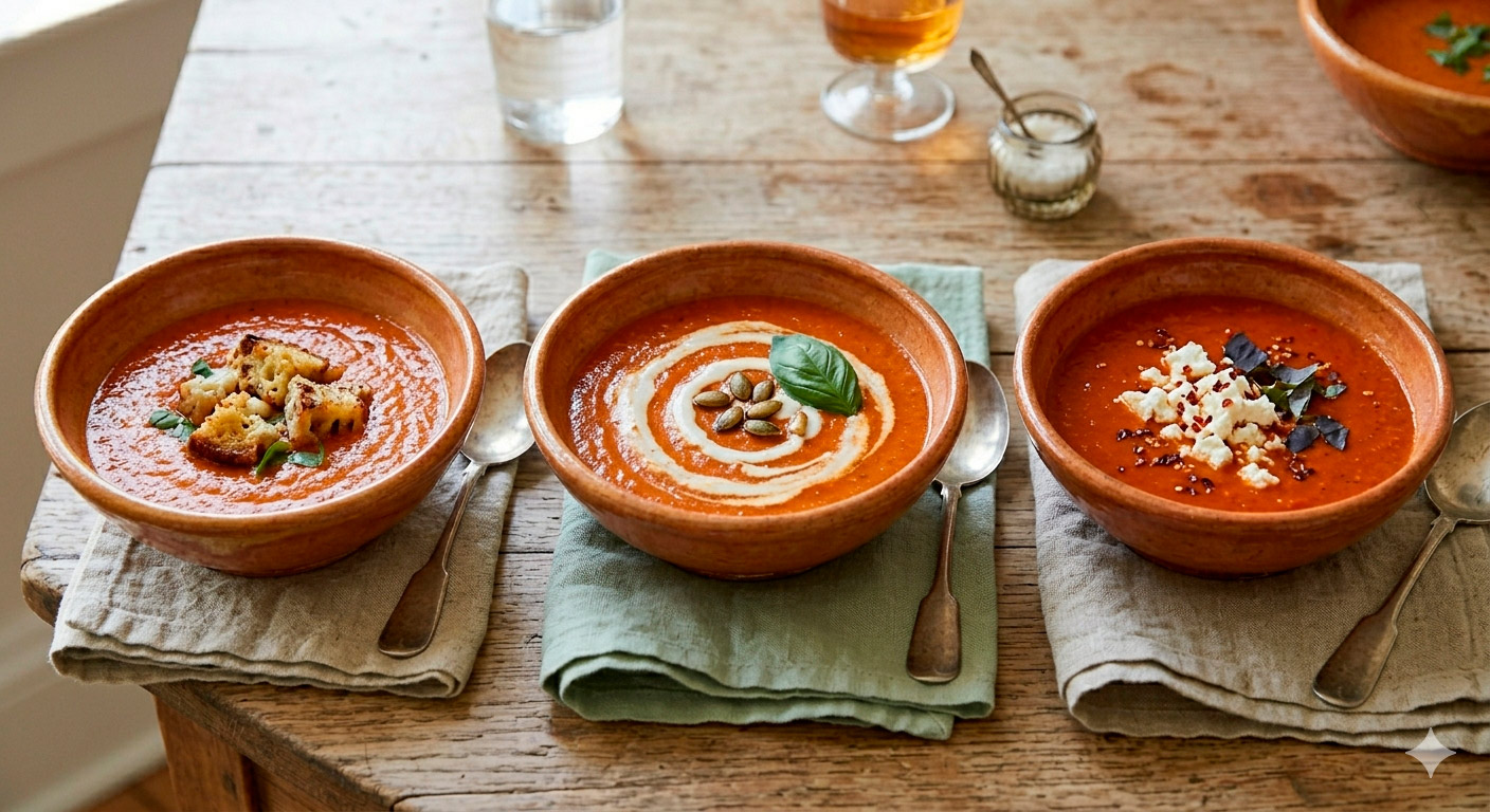 Diferentes variaciones y versiones de la sopa de tomate rostizado y albahaca fresca irresistible