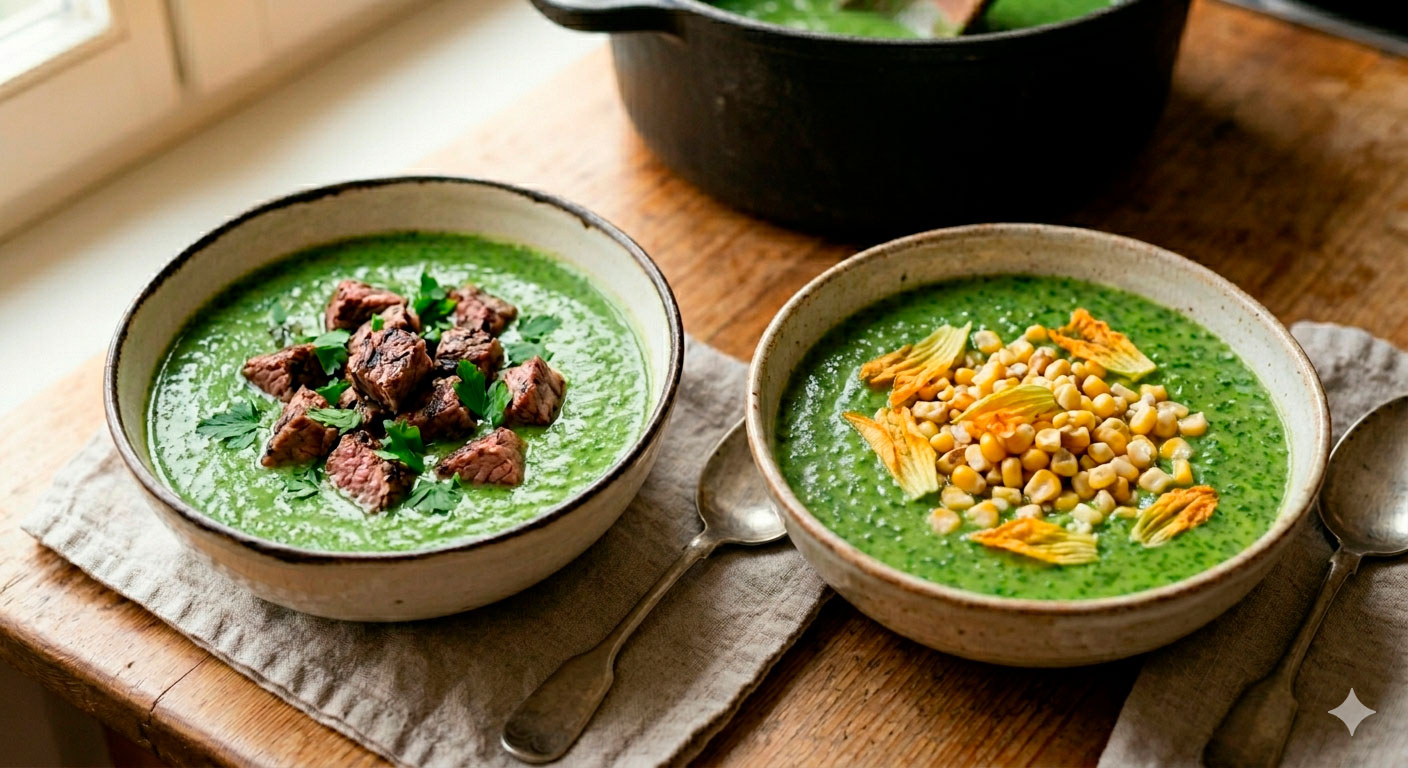 Diferentes variaciones de la crema de cilantro con tropezones de nuez: con carne asada, elote y flor de calabaza