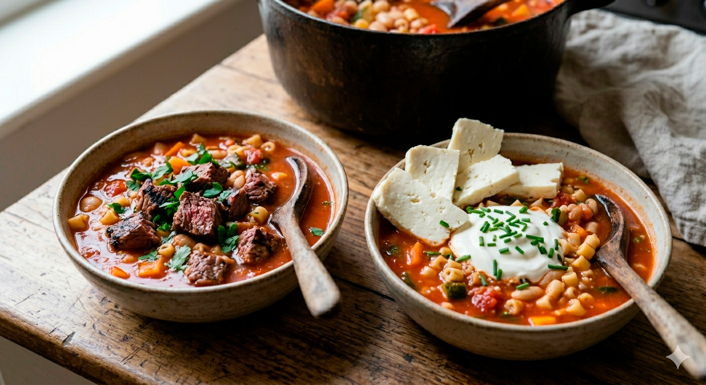 Diferentes variaciones irresistibles de la sopa minestrone con carne, crema y queso