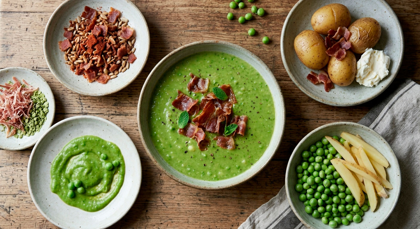 Diferentes variaciones y versiones creativas de la sopa de guisantes con jamón serrano