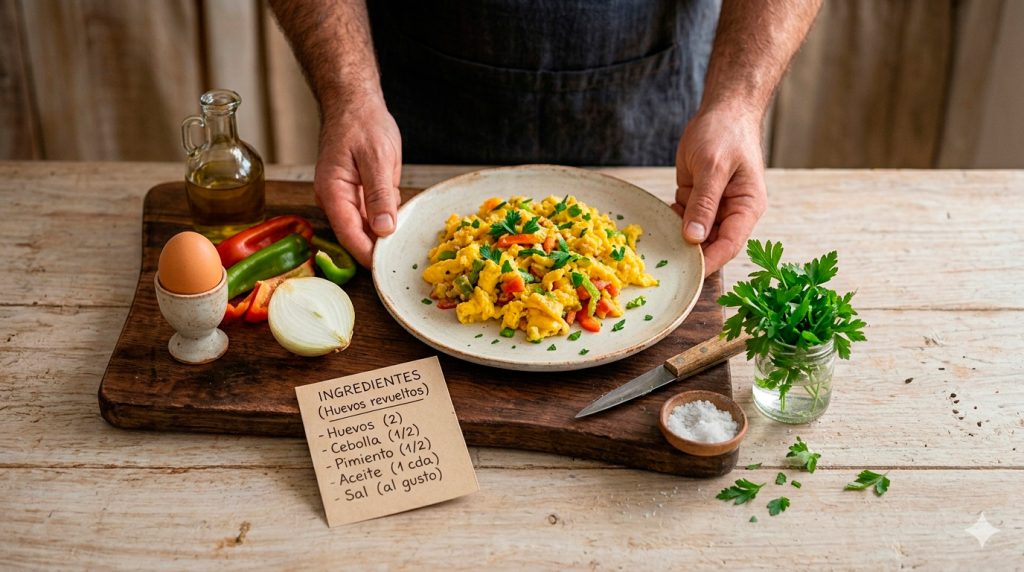 Paso 5: Presentación final El plato final, esponjoso y colorido, se presenta sobre una tabla de madera, listo para comer, acompañado de los ingredientes frescos y una nota de "INGREDIENTES".