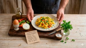 Paso 5: Presentación final El plato final, esponjoso y colorido, se presenta sobre una tabla de madera, listo para comer, acompañado de los ingredientes frescos y una nota de "INGREDIENTES".