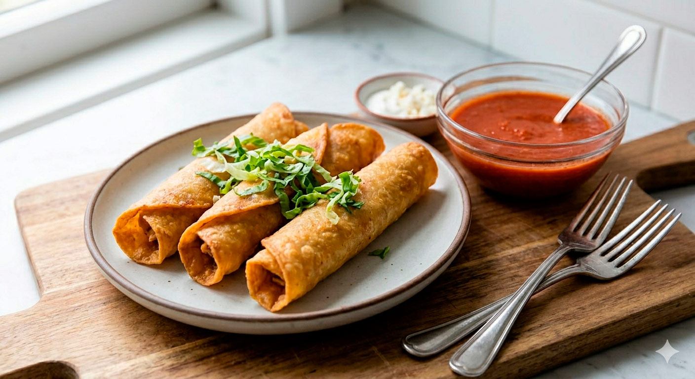 Close-up of perfectly crispy golden chicken tacos