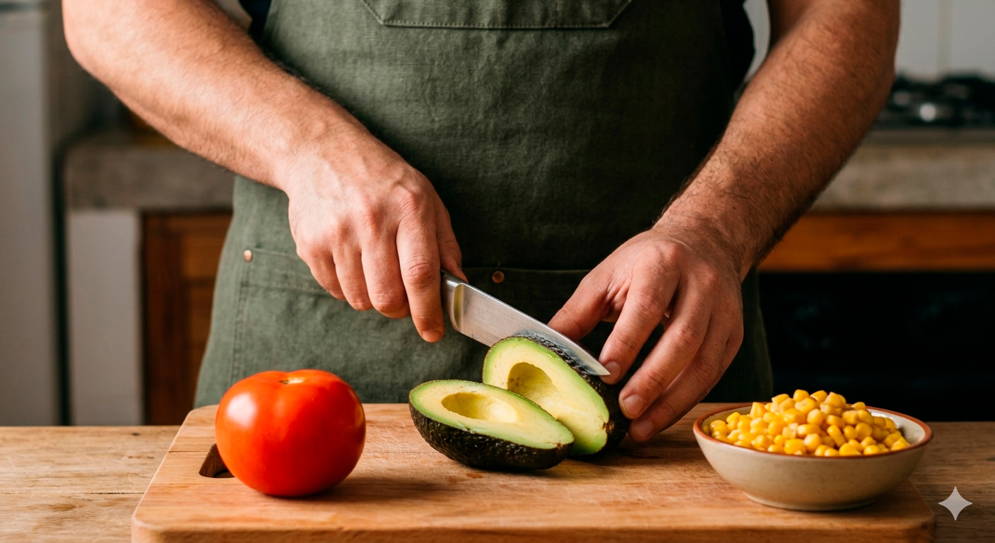 Ingredientes frescos para ensalada de palta tomate y maíz