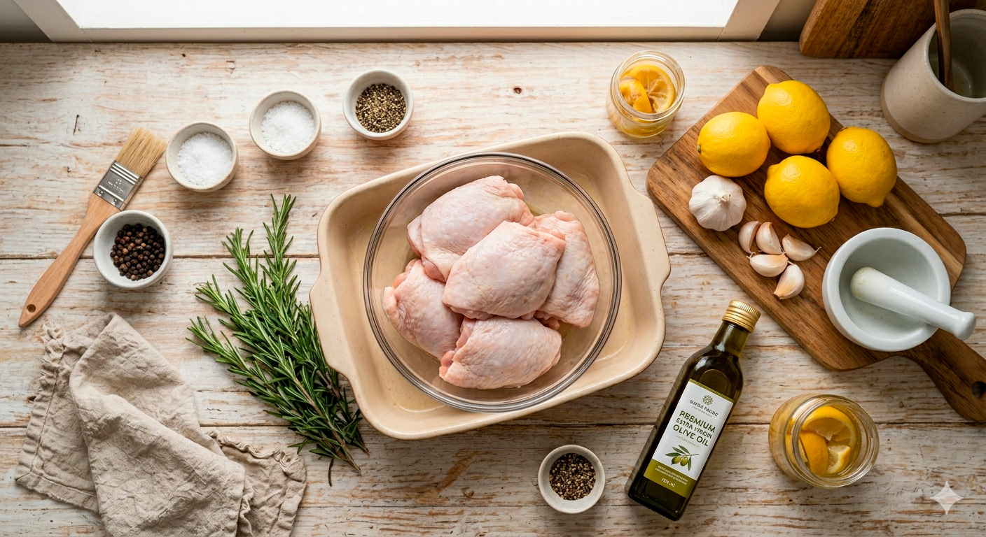 Muslos de pollo al horno con romero y limón, piel dorada y crujiente recién salidos del horno