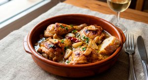 Esta imagen de primer plano captura el resultado final de la receta: trozos de pollo dorados y caramelizados, sumergidos en una salsa brillante y rica con numerosos dientes de ajo, perejil fresco y una guindilla roja, presentados en una cazuela de barro rústica. Imagen 1/6 (Receta principal)