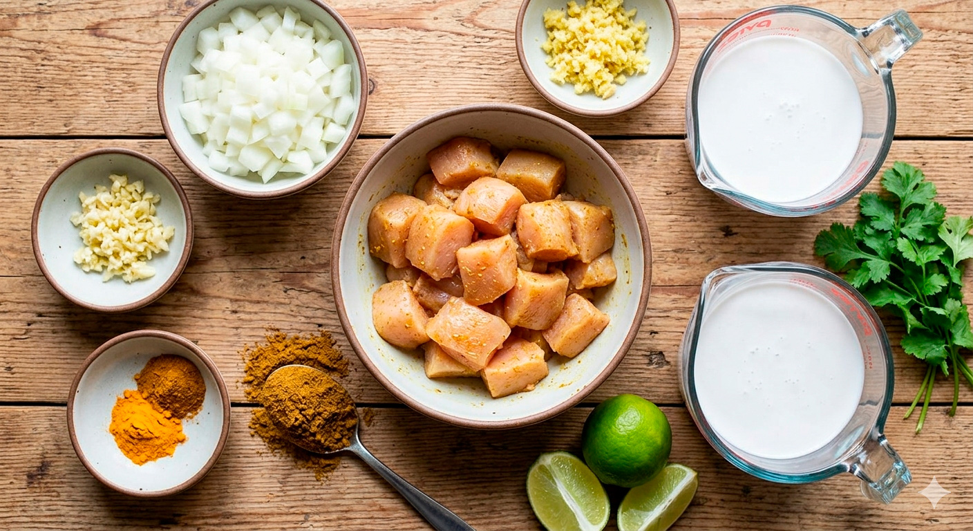 Freshly prepared homemade coconut milk chicken curry, creamy and aromatic