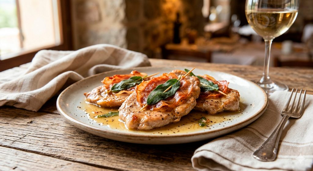 Plato Principal de Saltimbocca alla Romana Una toma de ángulo bajo de un plato de cerámica artesanal con tres escalopes de ternera finos y dorados, cada uno con una loncha crujiente de jamón serrano y hojas de salvia frita. Están bañados en una salsa de vino blanco brillante y sedosa, espolvoreados con pimienta negra recién molida. El plato está sobre un mantel de lino rústico y una copa de vino blanco.