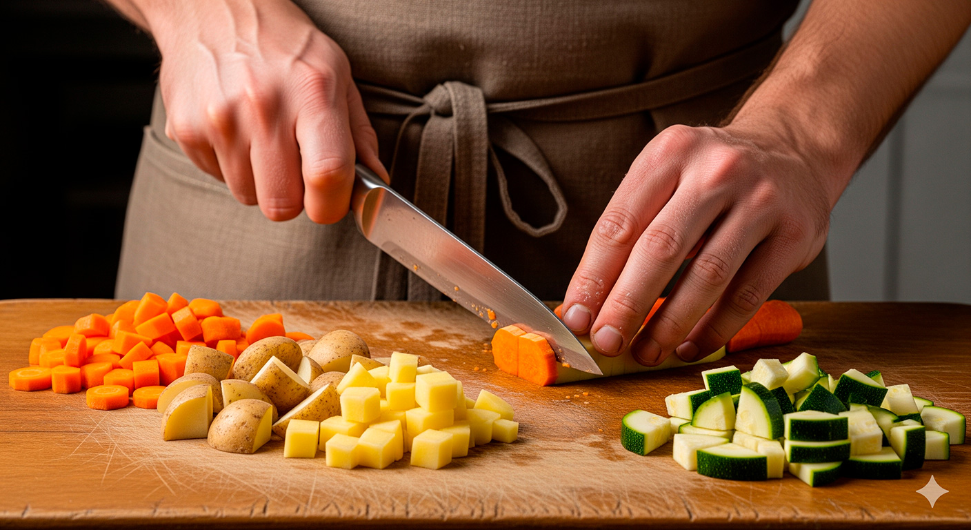Ingredientes picados para preparar una sopa rápida de verduras