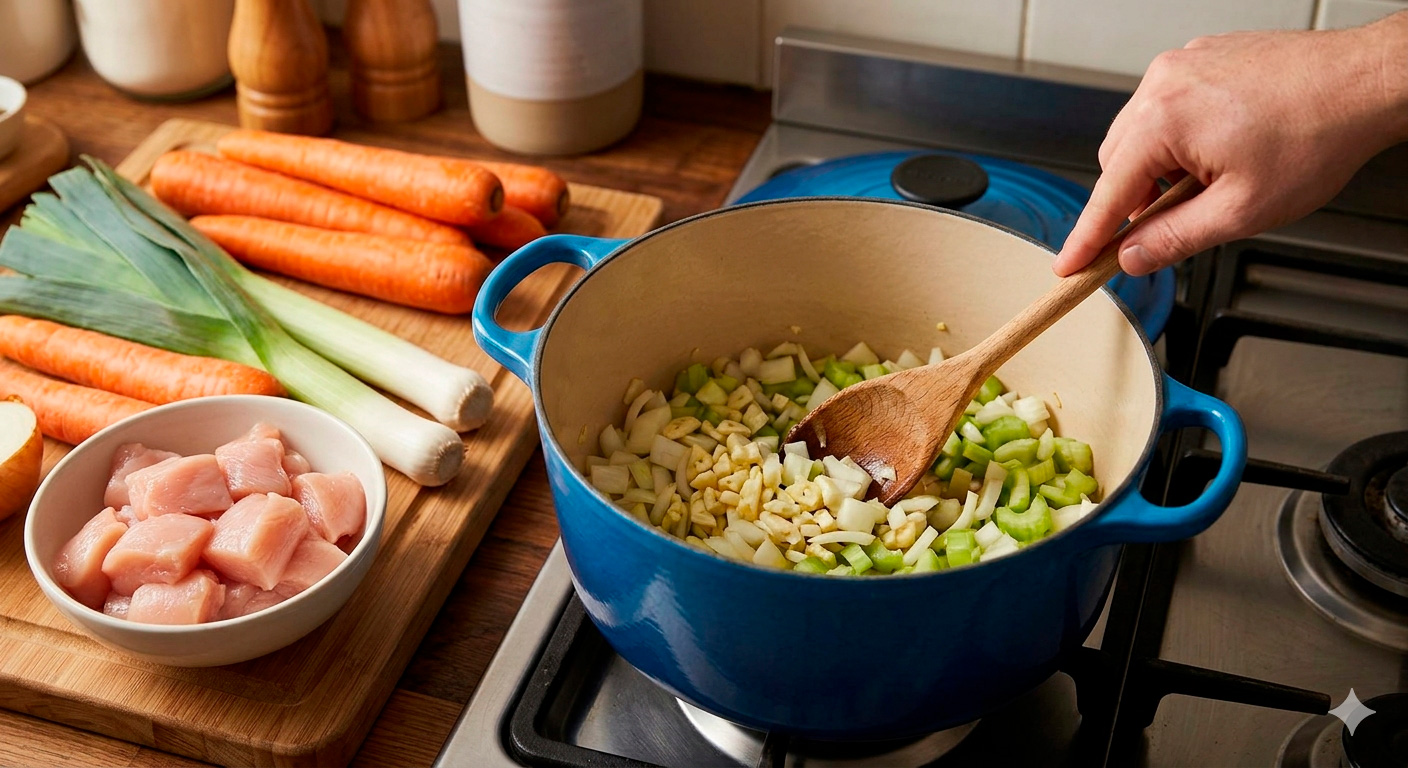 Sopa de pollo y verduras casera saludable recién preparada