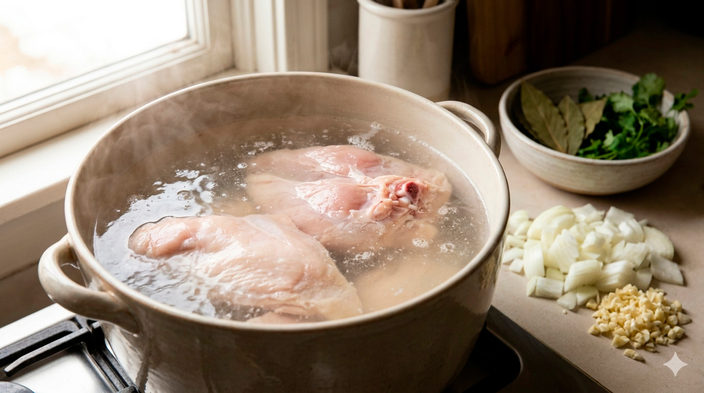 La Preparación del Caldo Base (Paso 1)

Esta imagen se enfoca en la base de todo: el caldo casero. Vemos la olla de cocción lenta de cerámica (la "olla de gres") con el agua con sal hirviendo suavemente y el pollo (500 g de carne blanca con hueso) liberando su sabor. A un lado, se aprecian los ingredientes clave picados para la siguiente etapa: la cebolla, el ajo y las hierbas aromáticas como el laurel y el cilantro, estableciendo el ambiente rústico de la cocina.