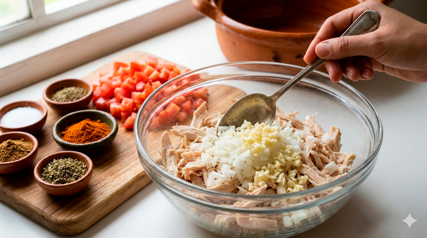 El Marinado y la Base Aromática
Esta imagen captura el momento esencial en el que el pollo se une con las especias y los vegetales aromáticos, asegurando que cada bocado sea jugoso y lleno de sabor. Se destacan los "condimentos base" y los "opcionales" que mencionaste.