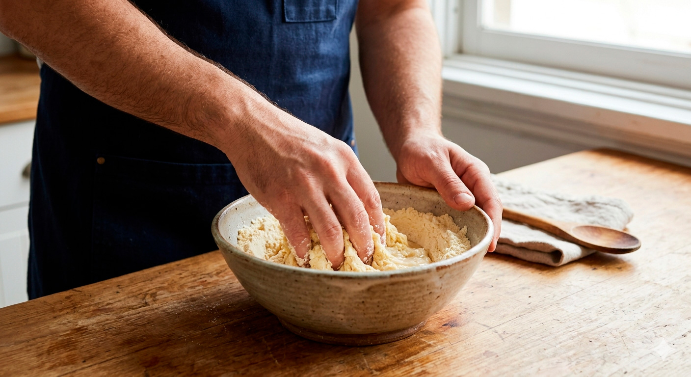 (Mixing): A man's hands, wearing a blue apron, are inside a ceramic bowl actively mixing corn flour with warm water and salt to create the dough.