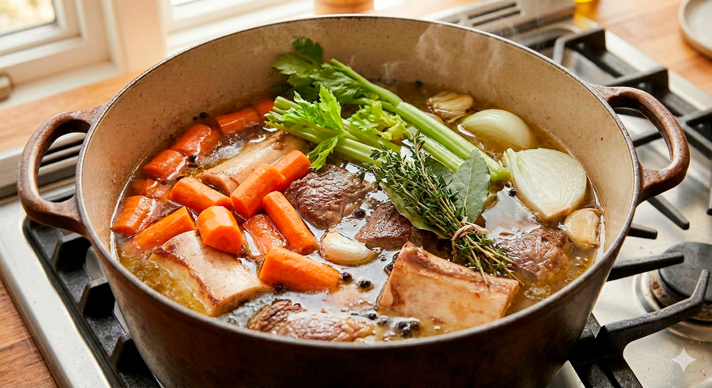 Incorporación de Aromáticos y Vegetales (Pasos 3 y 4) Descripción: Esta foto captura el momento en que se añaden los ingredientes que darán el sabor final. Tras 90 minutos de cocción lenta (fuego mínimo), la carne está tierna. Vemos cómo las zanahorias picadas, el apio con sus hojas, la cebolla blanca, el ajo machacado y el manojo de hierbas aromáticas (laurel, tomillo, pimienta entera) están entrando en el caldo, que ya tiene un color dorado sutil y constante. El hervor es muy suave para no emulsionar la grasa.