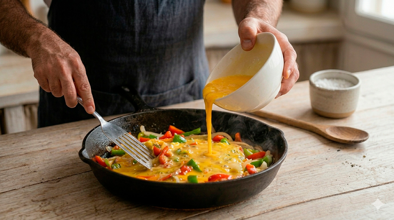 Sofrito de cebolla y pimiento para huevos revueltos