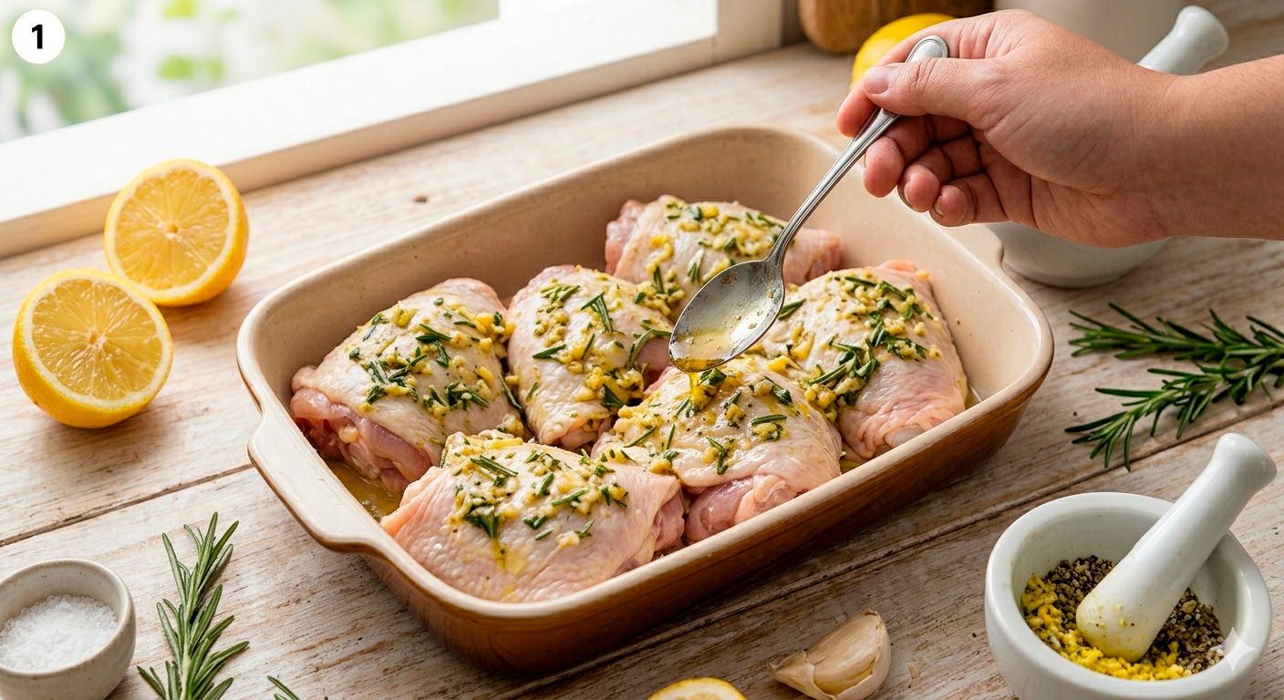 Muslos de pollo al horno con romero y limón en bandeja durante el proceso de cocción