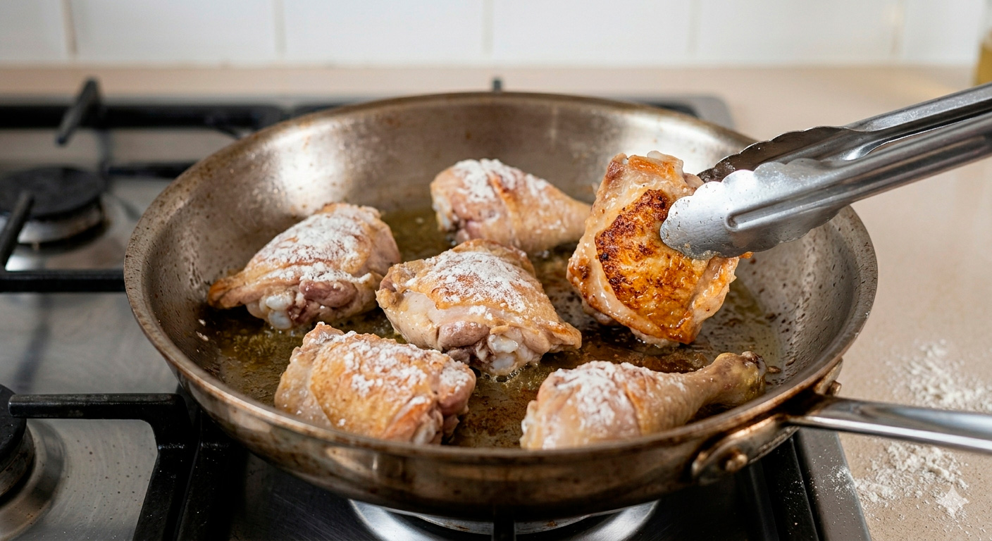 Garlic chicken in the initial process: golden searing in a skillet
