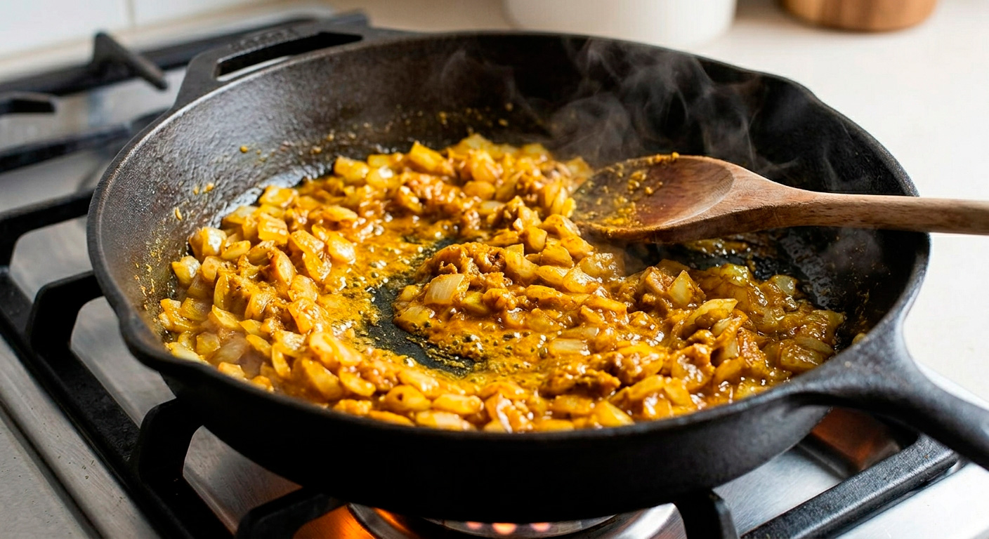 Coconut milk chicken curry in preparation process, spices activated in skillet