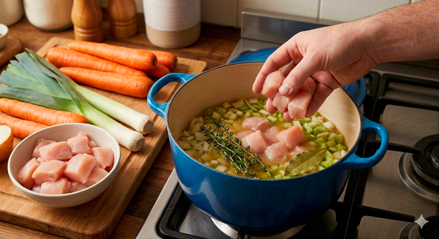Sopa de pollo y verduras en proceso de preparación en la olla