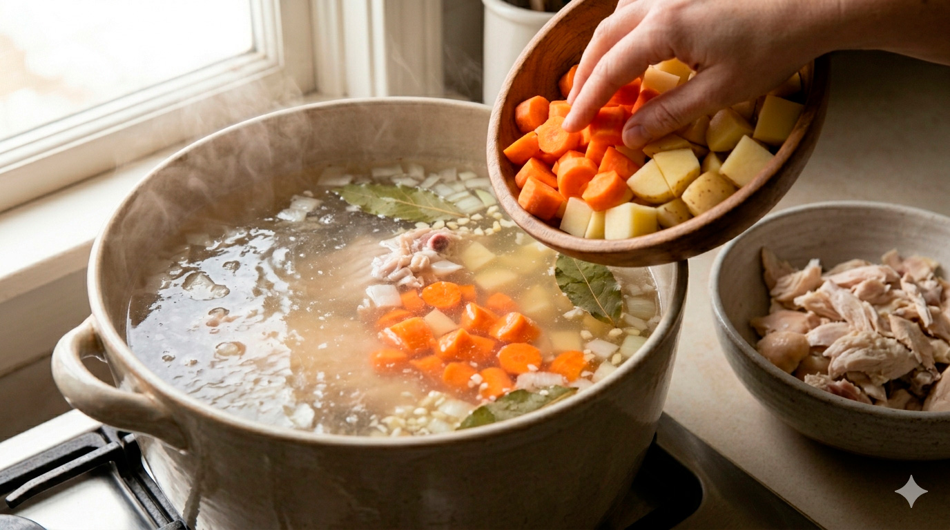 Integración de las Verduras Duras (Paso 2)

La segunda imagen nos lleva al momento de "construir" la sopa. Referenciando la misma olla de cerámica y la luz suave de la ventana established en la Imagen 1, vemos el caldo base ya formado. El pollo cocido ha sido retirado y ahora, una mano está incorporando los ingredientes que requieren más tiempo de cocción (zanahoria naranja y papa blanca/patata). Las verduras están sumergidas en el líquido caliente, rodeadas de cebolla y especias picadas, mostrando la transformación del sabor.