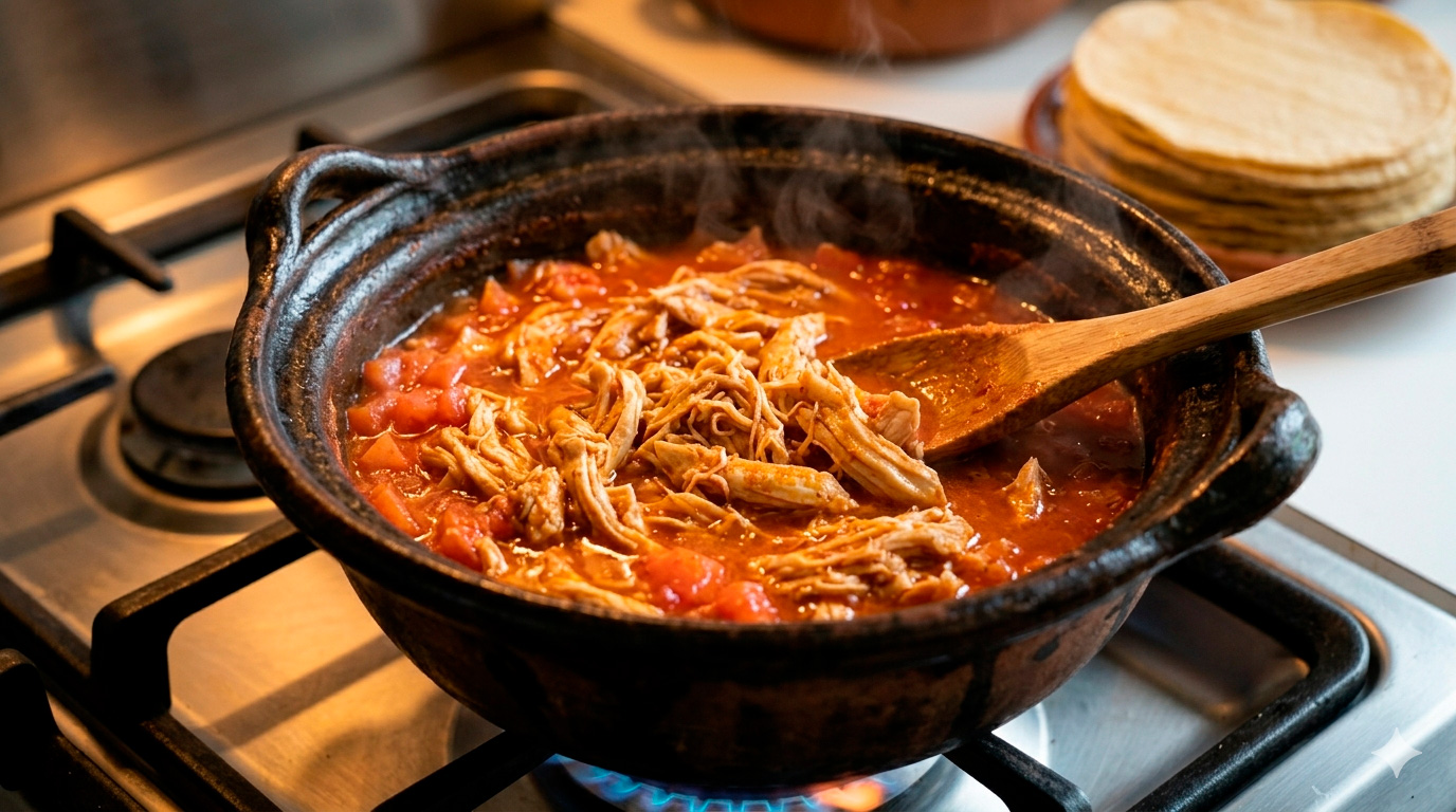 La Cocción Lenta y la Textura Jugosa

En esta toma, vemos el "Paso 3" en acción. El pollo desmenuzado se cocina a fuego medio con el tomate y las especias. La imagen resalta la humedad y el color vibrante del guiso, clave para la "experiencia culinaria deliciosa" descrita en la reseña.