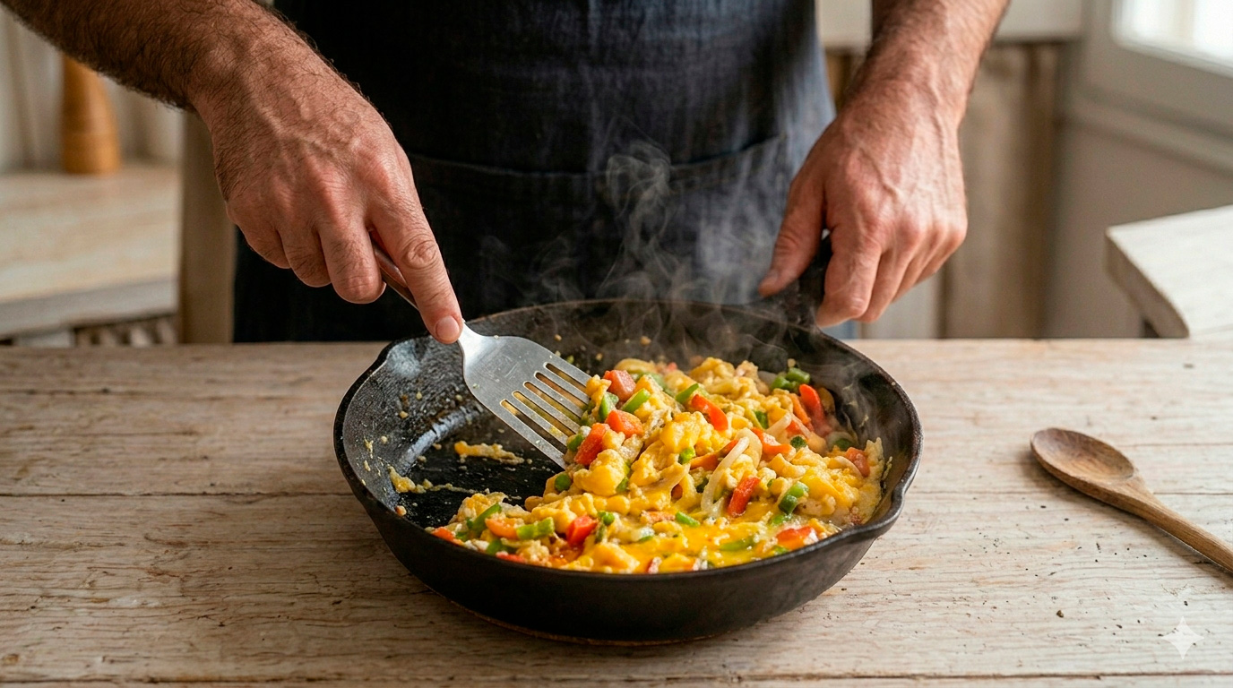 Añadiendo huevos batidos al sofrito de verduras