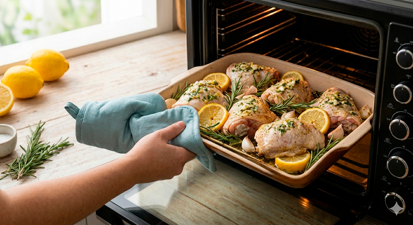 Muslos de pollo al horno con romero y limón listos para servir, perfectamente dorados y crujientes