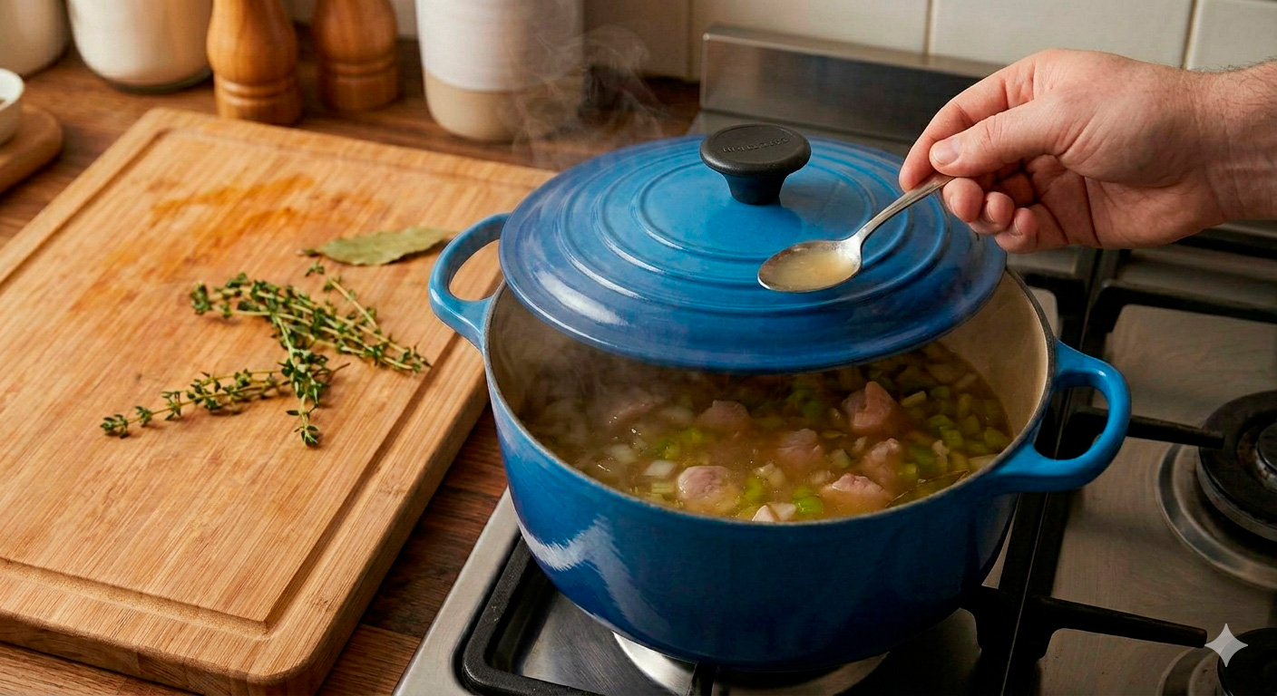 Sopa de pollo y verduras lista para servir, perfectamente presentada