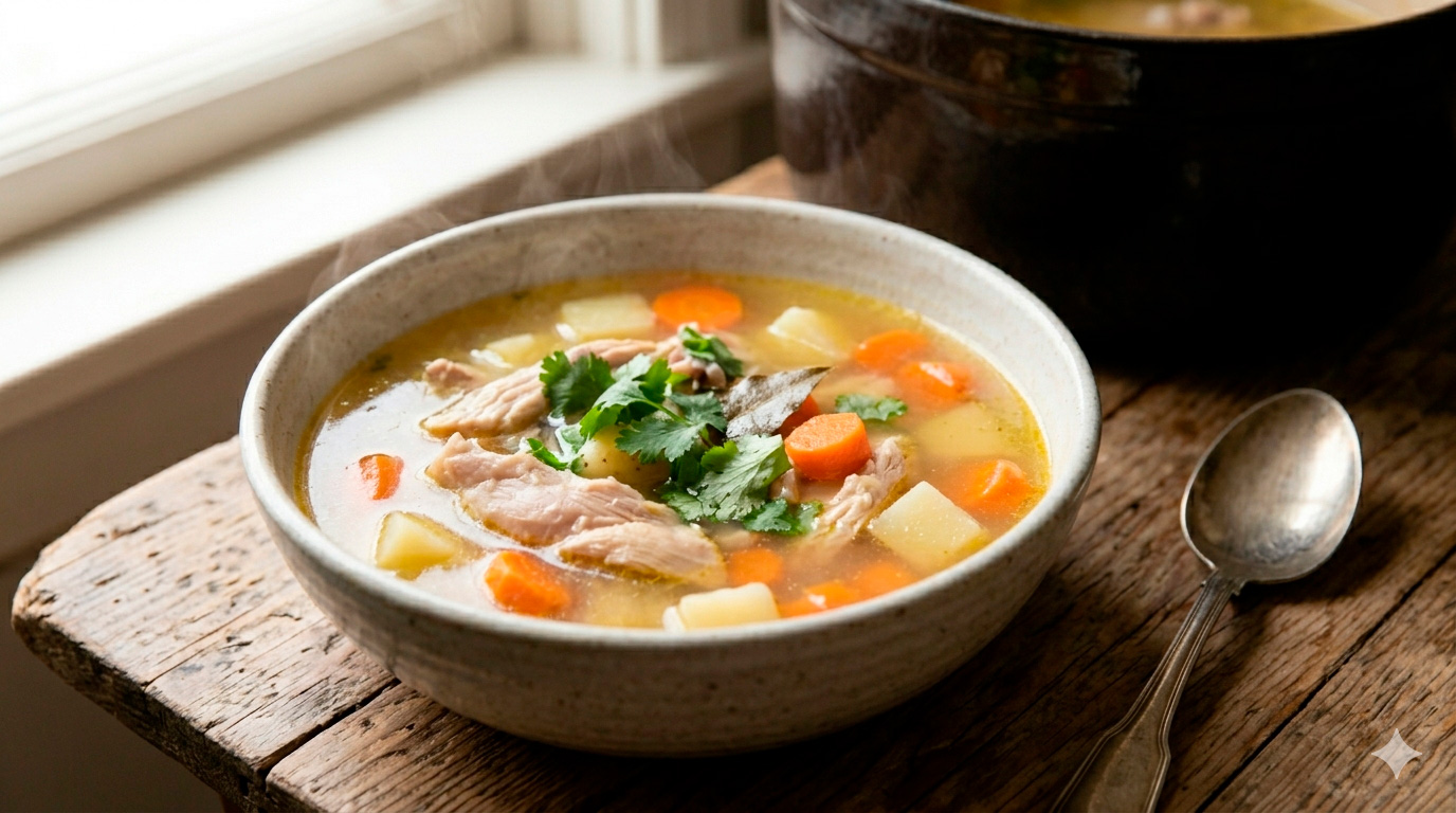 La Sopa Terminada y Lista para Servir

La tercera imagen muestra la culminación de la receta: la sopa lista en el tazón rústico de cerámica. Vemos los trozos de pollo desmenuzado y las verduras (zanahoria naranja y papa blanca/patata ya tiernas) perfectamente integrados en un caldo dorado y aromático. El tazón descansa sobre una mesa de madera y está coronado con un manojo de cilantro fresco picado y una ramita de laurel, referenciando los ingredientes iniciales de la Imagen 1. La luz suave de la ventana unifica toda la escena, haciéndola apetitosa y reconfortante.

Esta imagen se enfoca en la base de todo: el caldo casero. Vemos la olla de cocción lenta de cerámica (la "olla de gres") con el agua con sal hirviendo suavemente y el pollo (500 g de carne blanca con hueso) liberando su sabor. A un lado, se aprecian los ingredientes clave picados para la siguiente etapa: la cebolla, el ajo y las hierbas aromáticas como el laurel y el cilantro, estableciendo el ambiente rústico de la cocina.