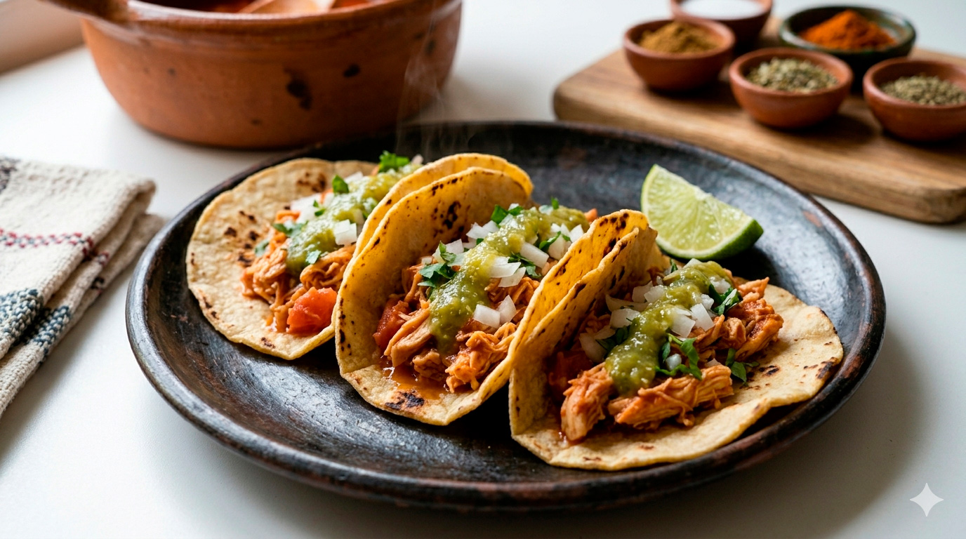 La Presentación Final de los Tacos de Pollo Jugosos

Finalmente, llegamos al "Paso 4". Esta imagen muestra cómo se sirven los tacos sobre tortillas de maíz calientes. La toma resalta el contraste visual entre la carne jugosa y los acompañamientos frescos (cebolla y cilantro), cumpliendo con el objetivo de ser "visualmente atractivos y perfectos para cualquier ocasión".