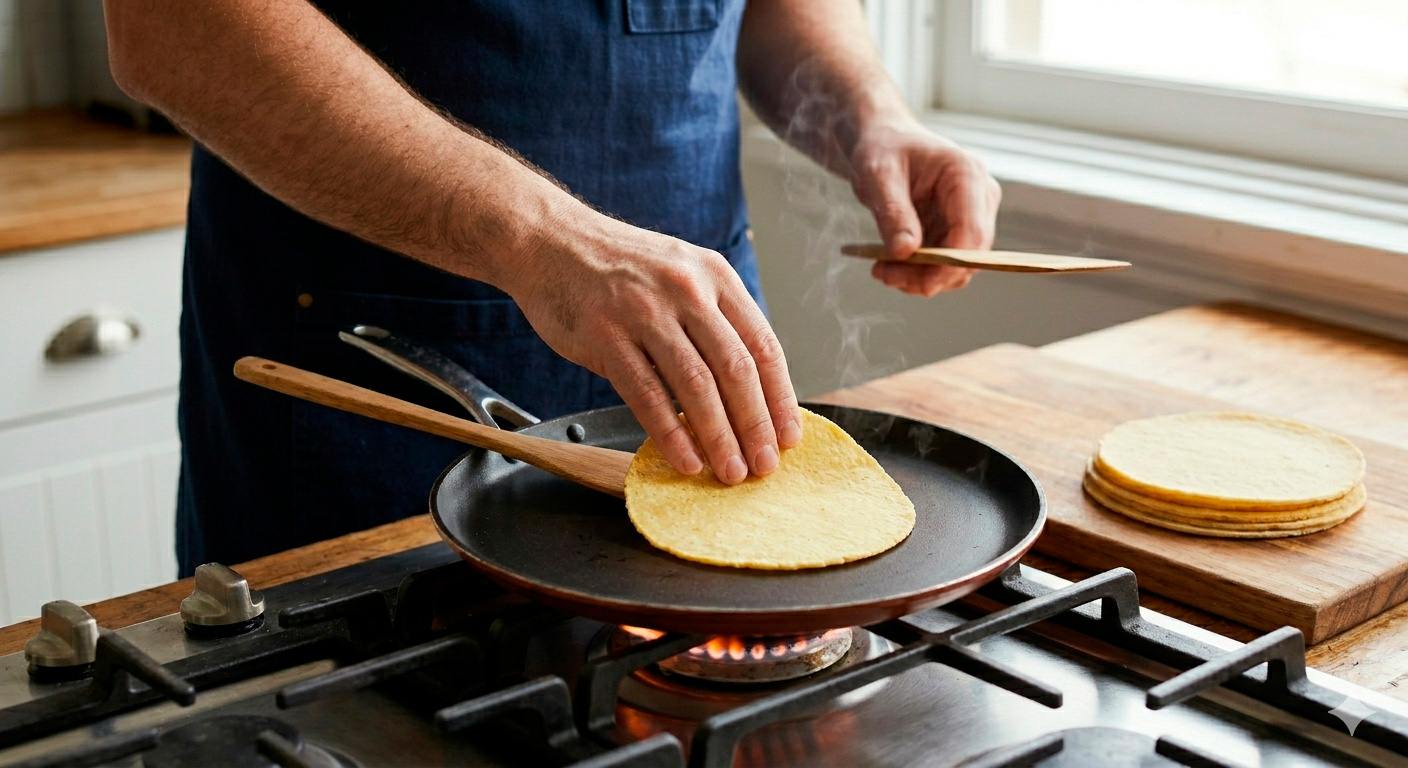 Cocción de tortillas rápidas de maíz en sartén caliente