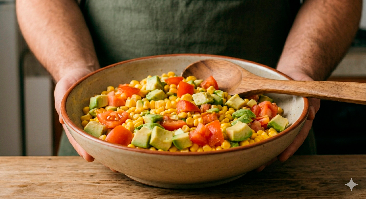 Ensalada fresca de palta tomate y maíz terminada