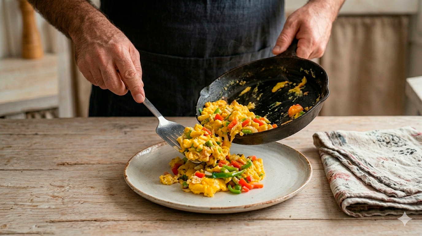 Huevos revueltos cocinándose a fuego lento
