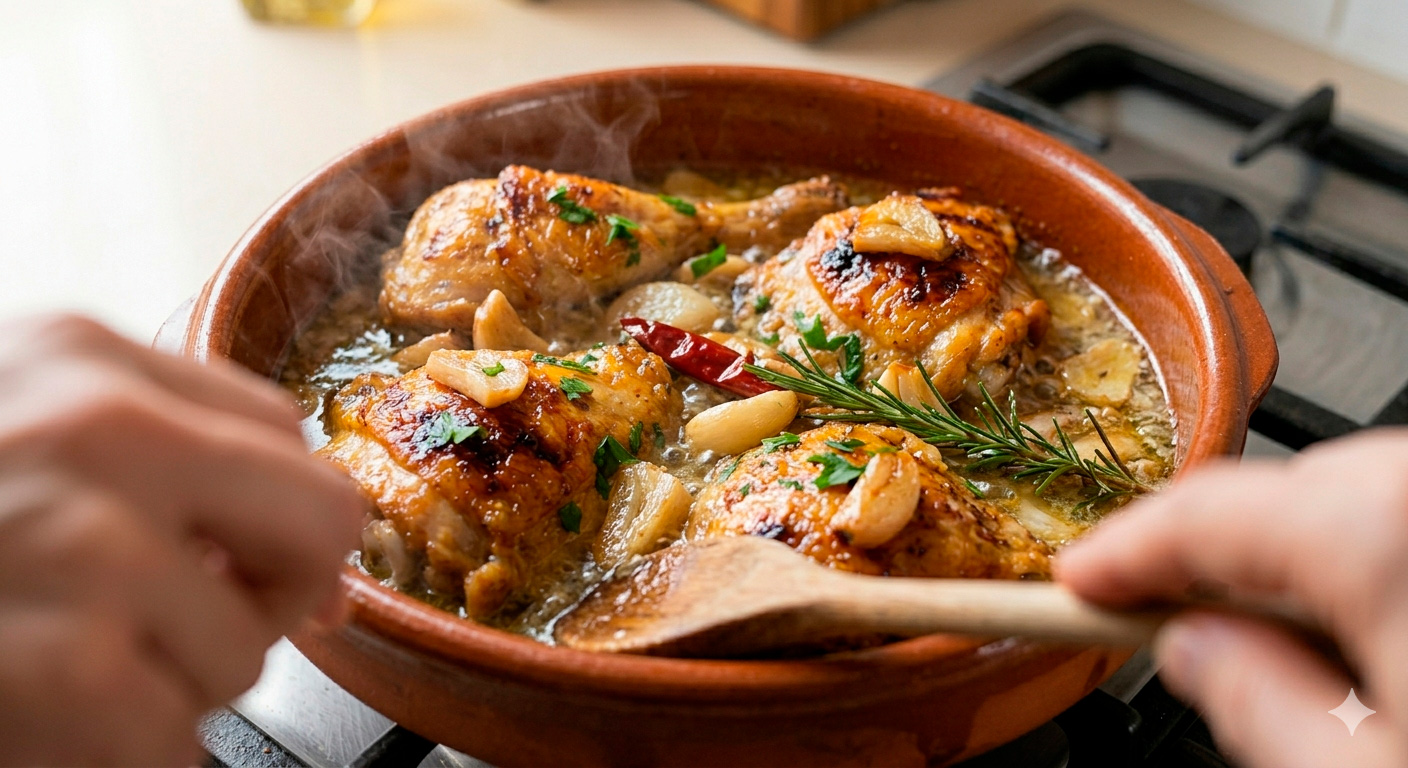 Garlic chicken in final cooking stage with garlic and white wine sauce