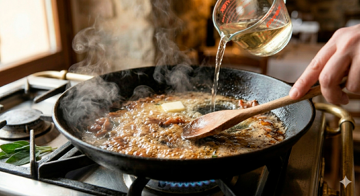 Saltimbocca alla Romana en fase final de cocción en la sartén con salsa de vino blanco