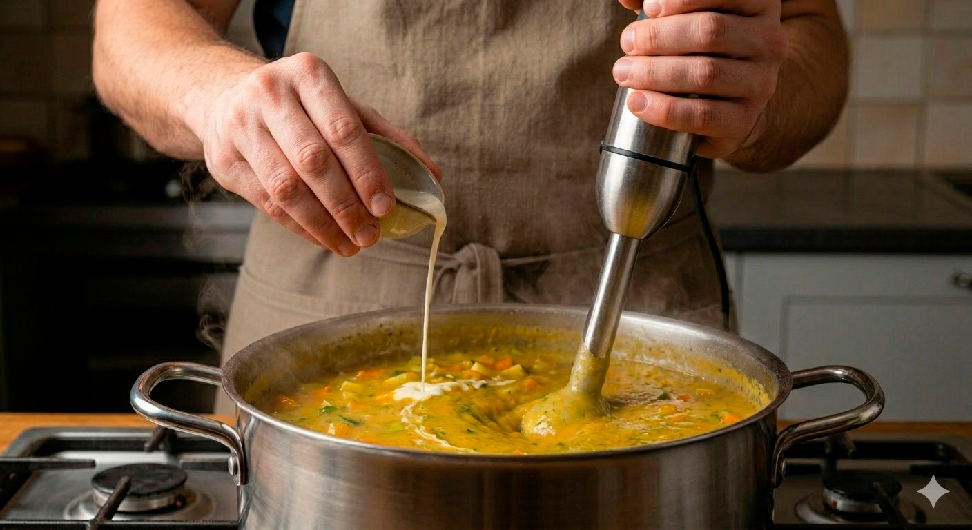 Sopa rápida de verduras servida como crema